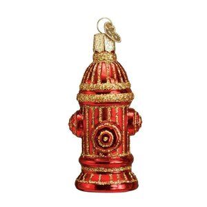 Old World Christmas Fire Hydrant Glass Ornament Red Gold Glitter Tradition